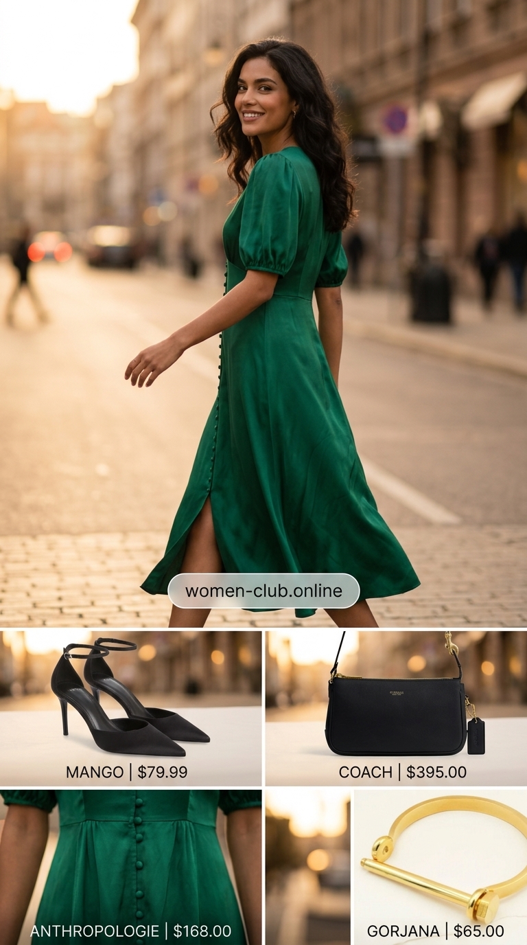 Emerald green dress with black heels for dressy pant outfits summer for women 2026. Chic evening look.