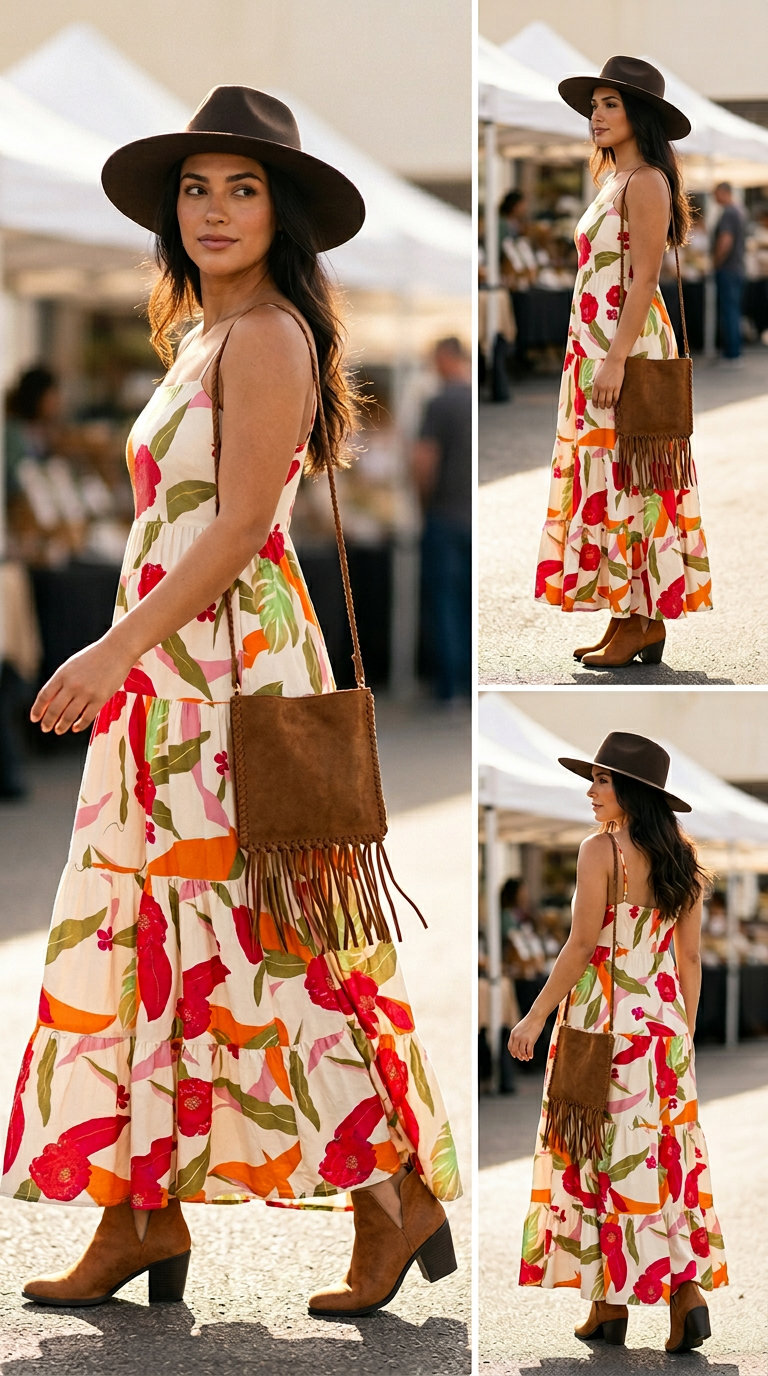 Multicolor floral maxi dress for dressy pant outfits summer for women 2026. Boho festival style.
