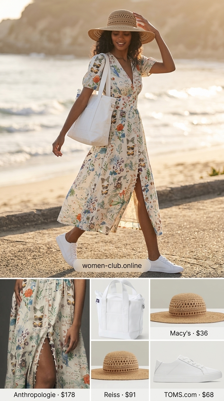 Green floral dress with white sneakers for dressy pant outfits summer for women 2026. Tropical vacation look.