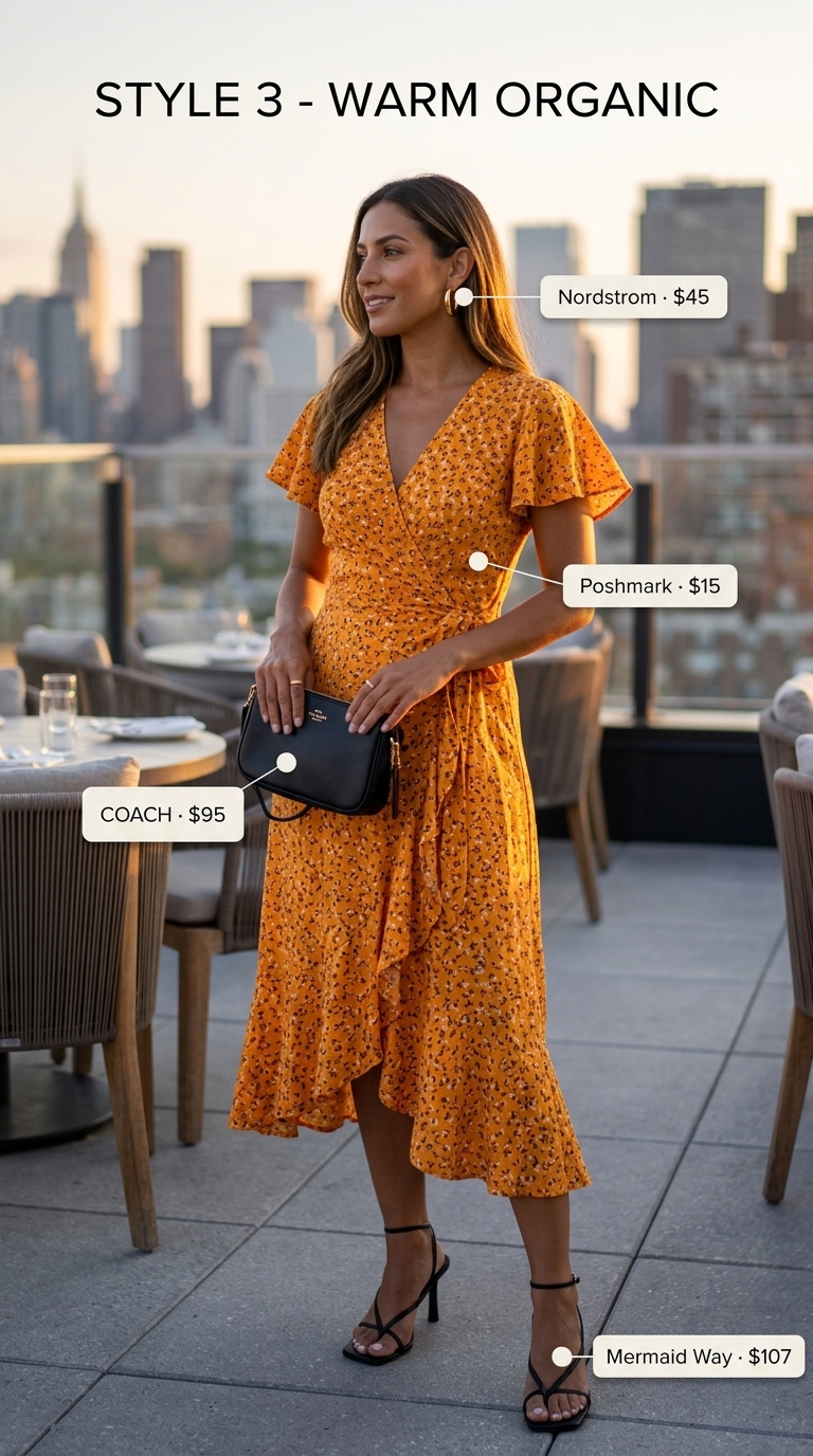 Mango orange wrap dress with gold earrings for dressy pant outfits summer for women 2026. Vibrant evening look.