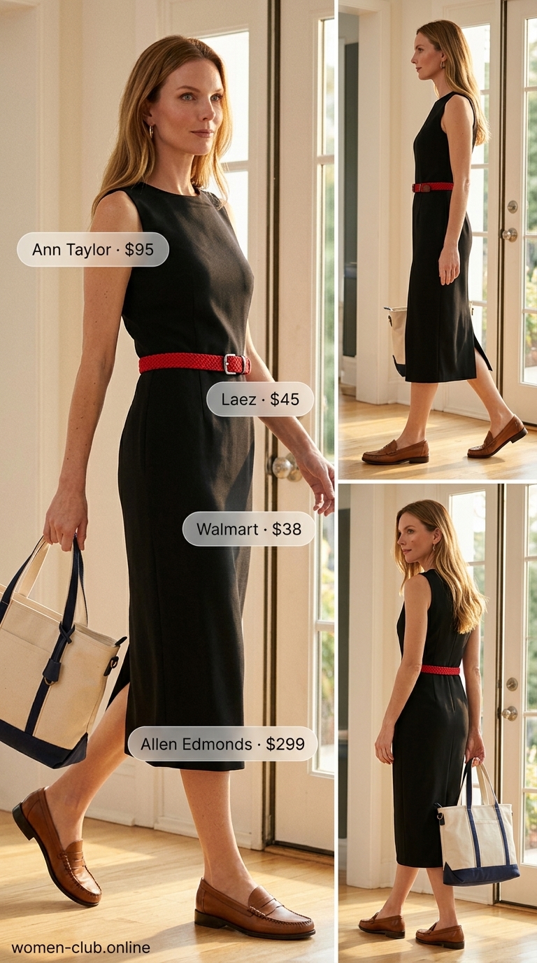 Navy dress with loafers for dressy pant outfits summer for women 2026. Preppy chic look.