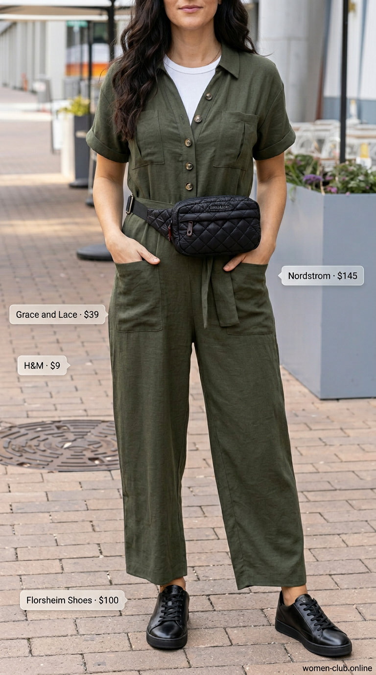 Olive green utility jumpsuit for dressy pant outfits summer for women 2026. Chic city exploration.