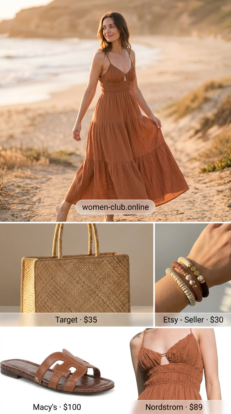 Terracotta maxi dressy pant outfits summer for women 2026 with leather slides and straw tote.