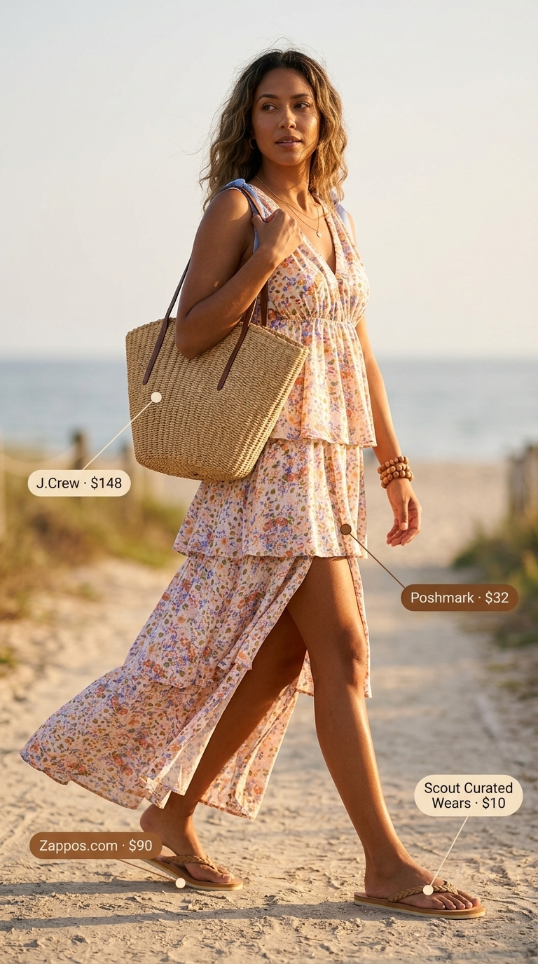 Floral maxi dressy pant outfits summer for women 2026 with straw tote and leather sandals.
