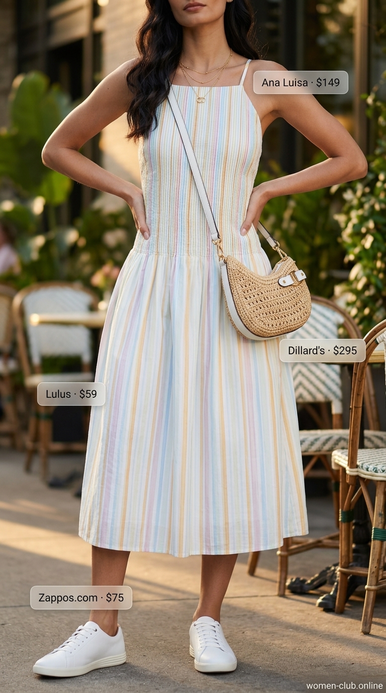 Denim blue and white dressy pant outfits summer for women 2026 with coral pink accents. Perfect for brunch.