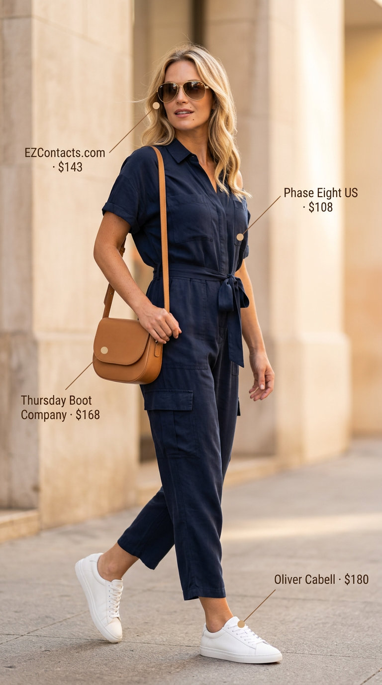 Navy utility jumpsuit dressy pant outfits summer for women 2026 with tan crossbody and aviators.