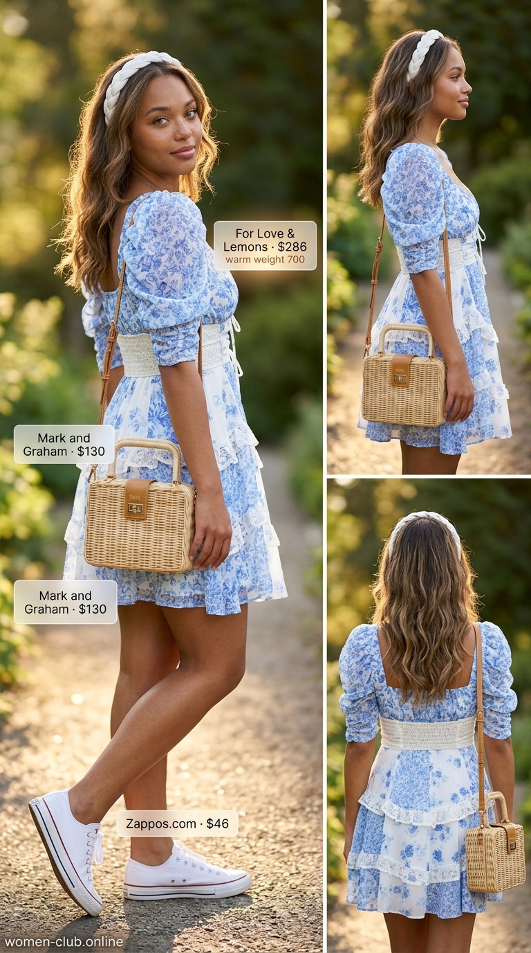 Pastel blue floral dressy pant outfits summer for women 2026 with wicker bag and sneakers.