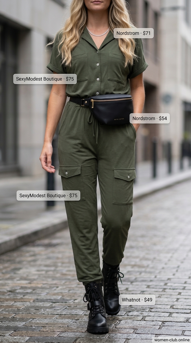 Olive green utility jumpsuit dressy pant outfits summer for women 2026 with combat boots.
