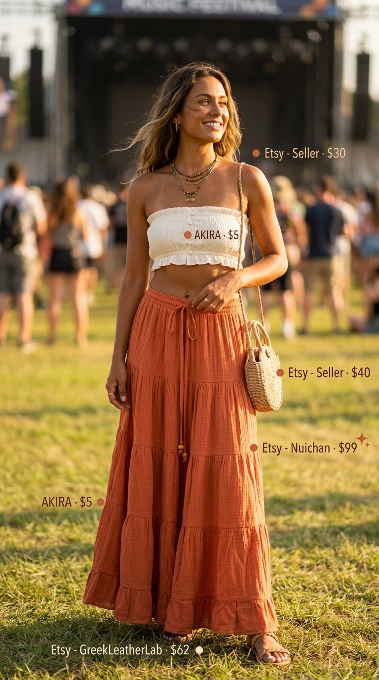 Easy Summer Picnic Outfits for Women 2026: Boho Skirt Boho terracotta maxi skirt outfit for easy summer picnic outfits for women 2026. Free-spirited and earthy.
