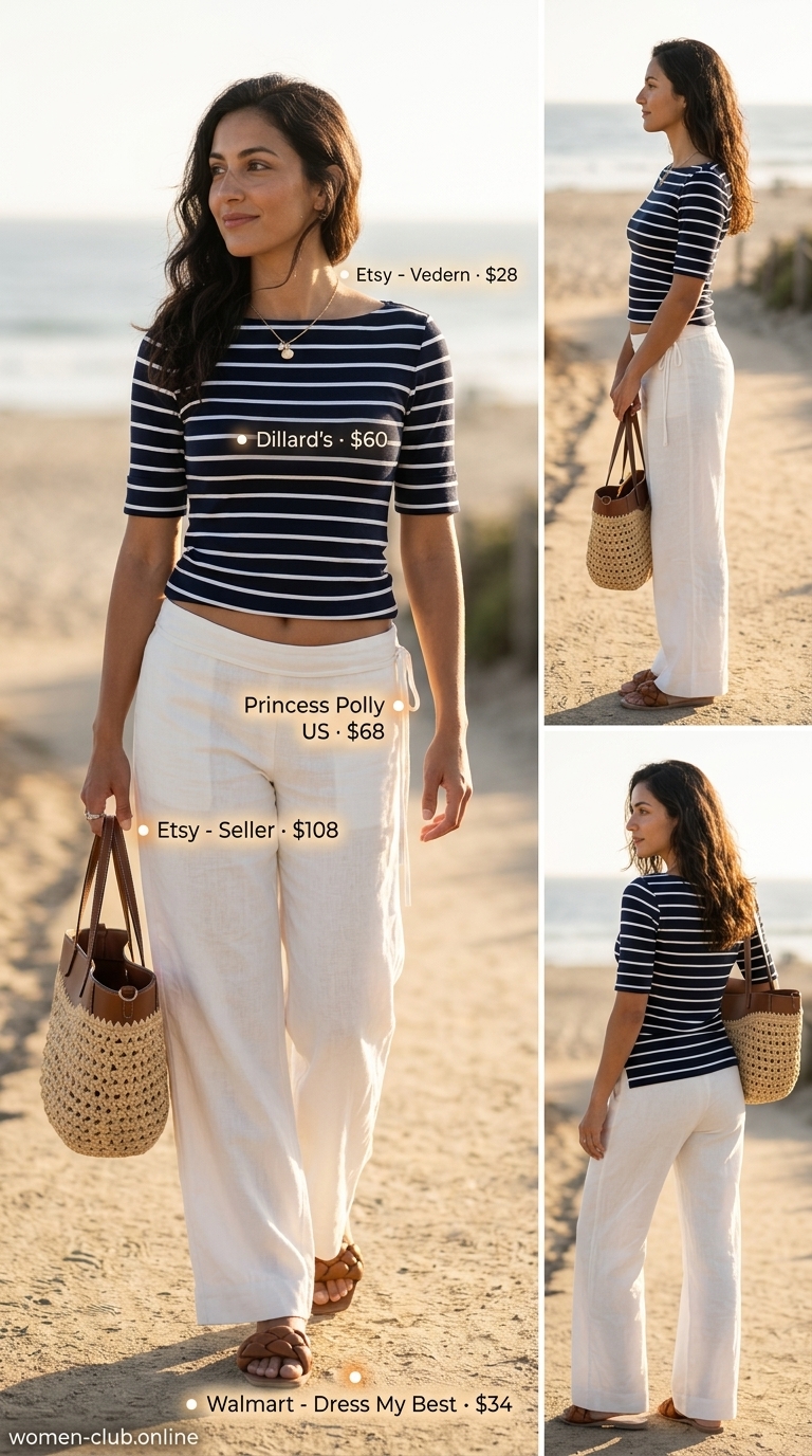 Easy Summer Picnic Outfits for Women 2026 | Coastal Linen Pants Easy summer picnic outfits for women 2026: Cream linen pants, striped tee, leather slides, and straw tote.