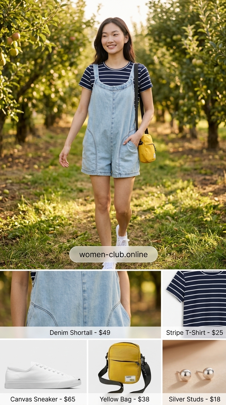 Easy Summer Picnic Outfits for Women 2026 | Denim Shortalls Style Easy summer picnic outfits for women 2026: Denim shortalls, striped tee, canvas sneakers, and yellow bag.