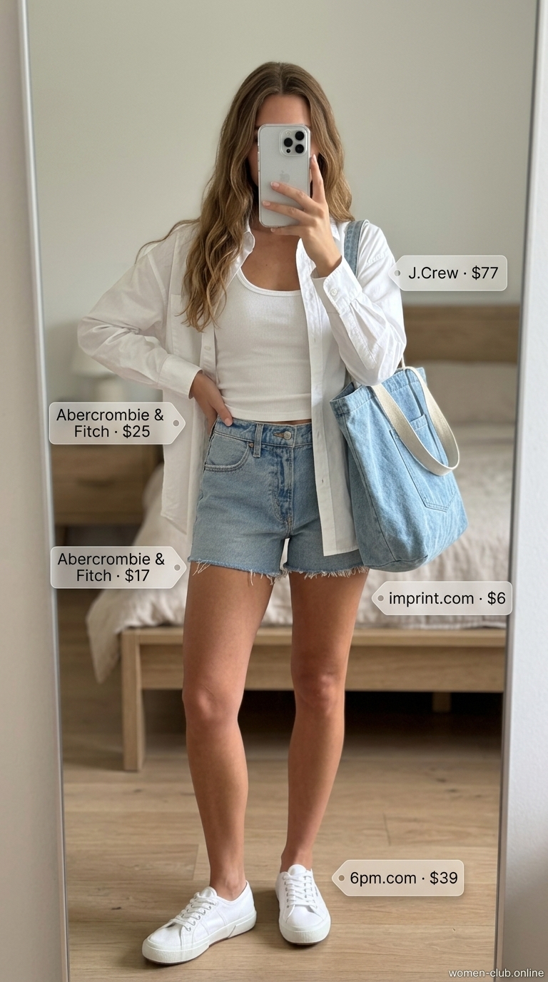 Easy Summer Picnic Outfits for Women 2026: Classic Park Day Classic light wash denim shorts with white tank and oversized shirt for easy summer picnic outfits for women 2026.