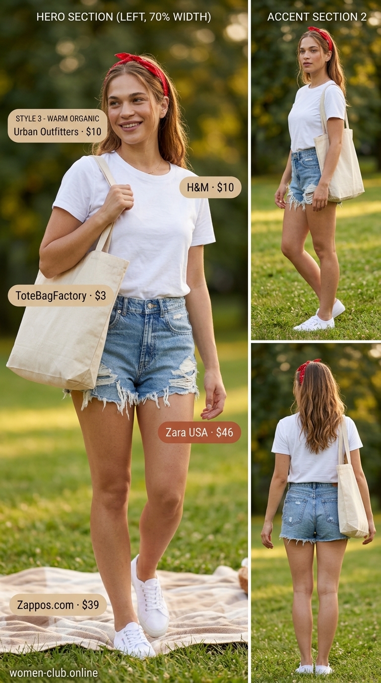 Easy Summer Picnic Outfits for Women 2026: Casual Park Day Playful denim shorts with white tee and bandana for easy summer picnic outfits for women 2026.