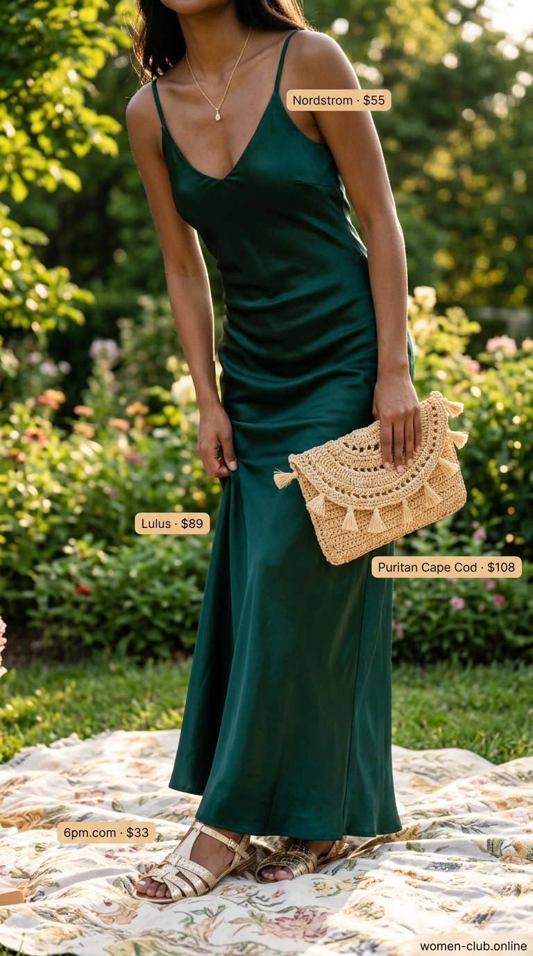 Easy Summer Picnic Outfits for Women 2026 | Elegant Maxi Dress Easy summer picnic outfits for women 2026: Emerald green maxi dress, gold sandals, and raffia clutch.