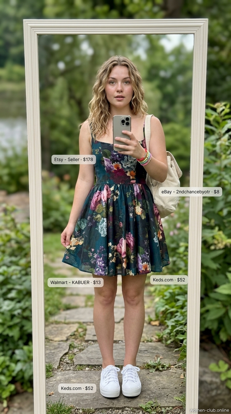 Easy Summer Picnic Outfits for Women 2026: Festival Vibes Energetic teal floral mini sundress with platform sneakers for easy summer picnic outfits for women 2026.