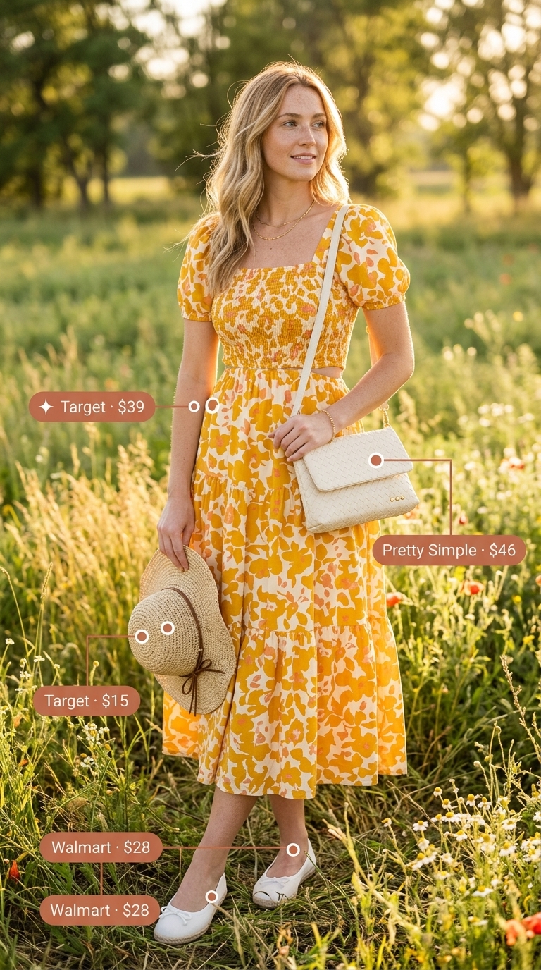 Easy Summer Picnic Outfits for Women 2026: Floral Midi Dress Romantic soft yellow floral midi dress for easy summer picnic outfits for women 2026. Feminine and whimsical.