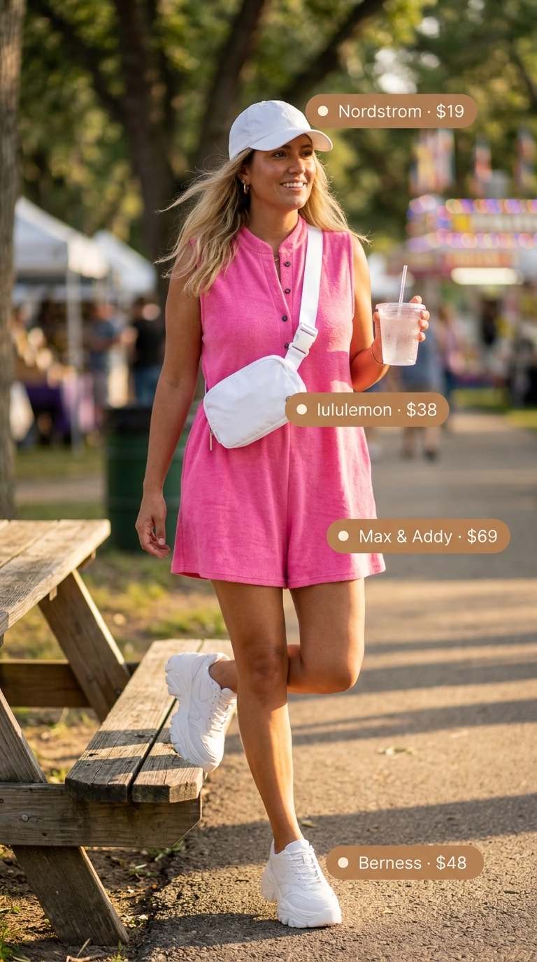 Easy Summer Picnic Outfits for Women 2026 | Playful Pink Romper Easy summer picnic outfits for women 2026: Hot pink romper, white cap, platform sneakers, and belt bag.