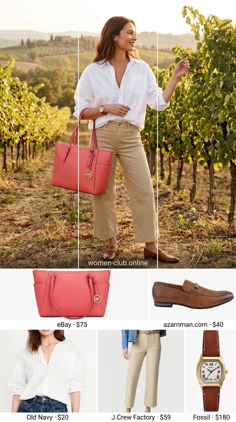 Easy Summer Picnic Outfits for Women 2026 | Polished Casual Look Easy summer picnic outfits for women 2026: Khaki chino pants, white shirt, red tote, and leather loafers.