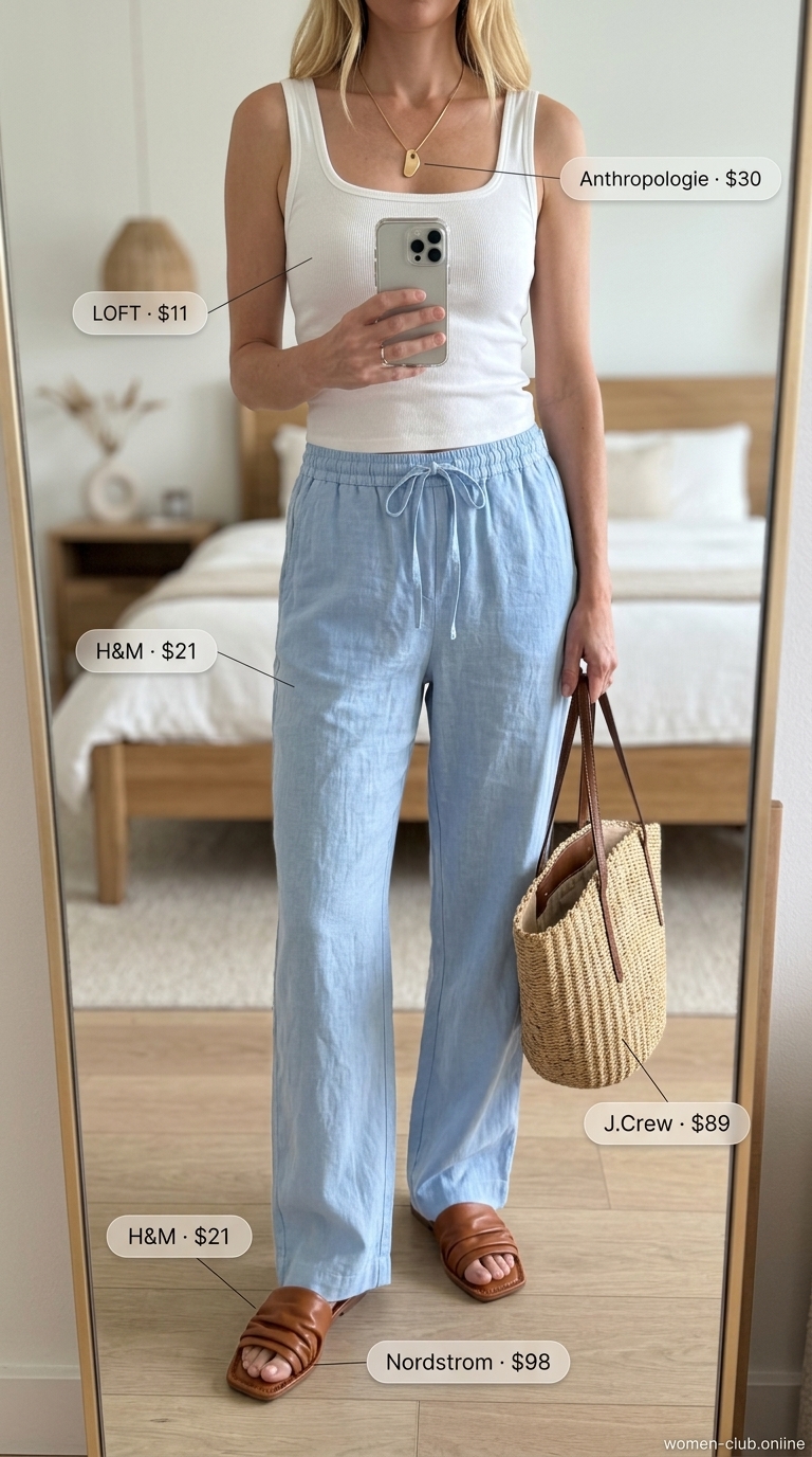 Easy Summer Picnic Outfits for Women 2026: Linen Pants Relaxed sky blue linen pants outfit for easy summer picnic outfits for women 2026. Effortless and refined.