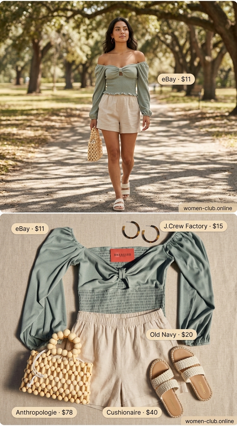 Easy Summer Picnic Outfits for Women 2026: Linen Shorts Set Airy cream linen shorts and sage green off-shoulder top for easy summer picnic outfits for women 2026.