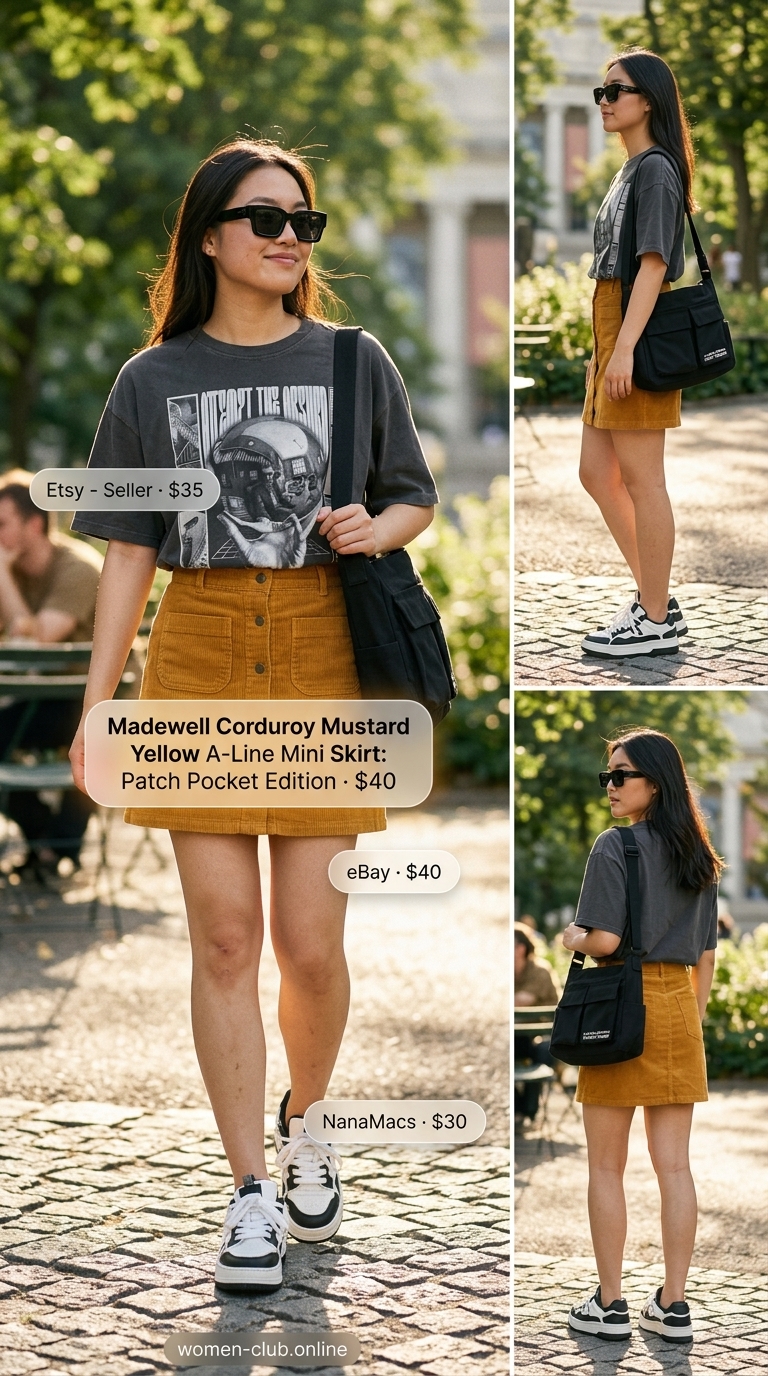 Easy Summer Picnic Outfits for Women 2026: Artsy Museum Look Playful mustard yellow mini skirt with graphic tee and platform sneakers for easy summer picnic outfits for women 2026.