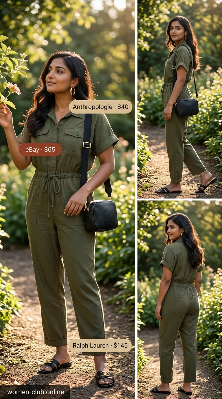 Easy Summer Picnic Outfits for Women 2026 | Utility Jumpsuit Style Easy summer picnic outfits for women 2026: Olive green utility jumpsuit, black slides, and gold hoops.