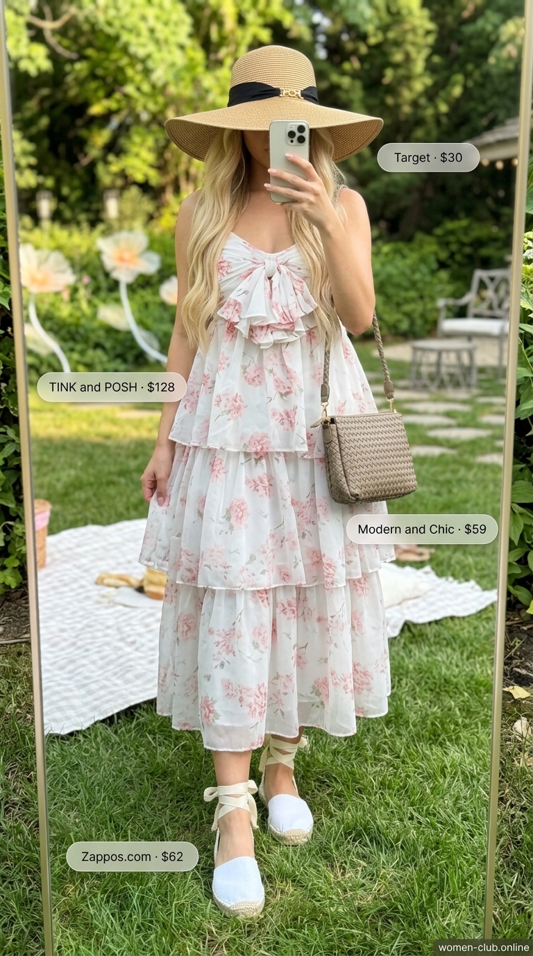 Easy Summer Picnic Outfits for Women 2026: Orchard Brunch Style Romantic pink floral midi dress with straw hat and espadrilles for easy summer picnic outfits for women 2026.