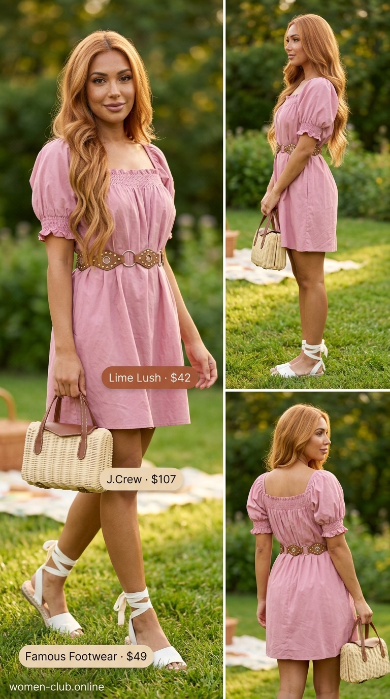 Easy Summer Picnic Outfits for Women 2026 | Pink Garden Party Dress Easy summer picnic outfits for women 2026: Pink puff sleeve mini dress, white espadrilles, and wicker bag.