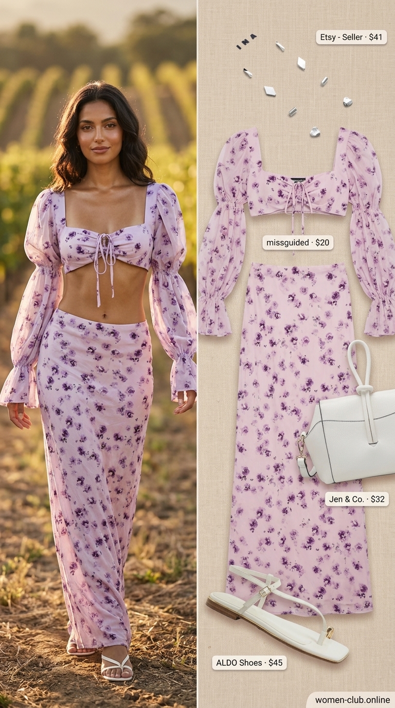 Easy Summer Picnic Outfits for Women 2026: Provence Chic Set Chic lavender floral matching set with white accessories for easy summer picnic outfits for women 2026.