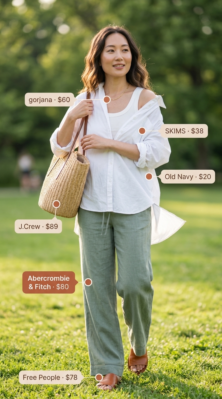 Easy Summer Picnic Outfits for Women 2026 | Linen Pants Style Easy summer picnic outfits for women 2026: Sage green linen pants, cream tank, white shirt, and brown slides.