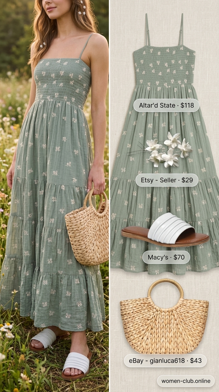 Easy Summer Picnic Outfits for Women 2026: Meadow Dream Maxi Dreamy sage green maxi dress with rattan bag and white sandals for easy summer picnic outfits for women 2026.