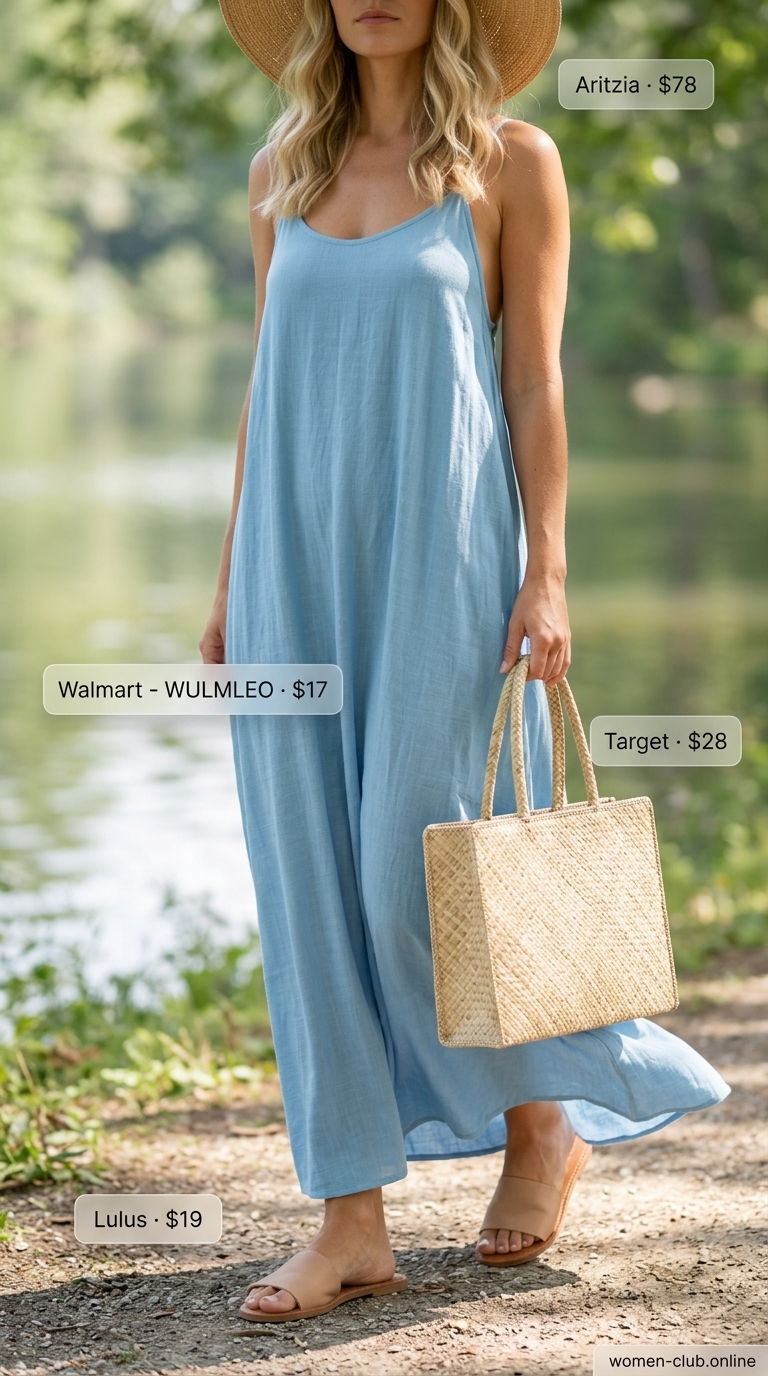 Easy Summer Picnic Outfits for Women 2026: Lakeside Lunch Style Serene sky blue maxi dress with straw hat and market tote for easy summer picnic outfits for women 2026.
