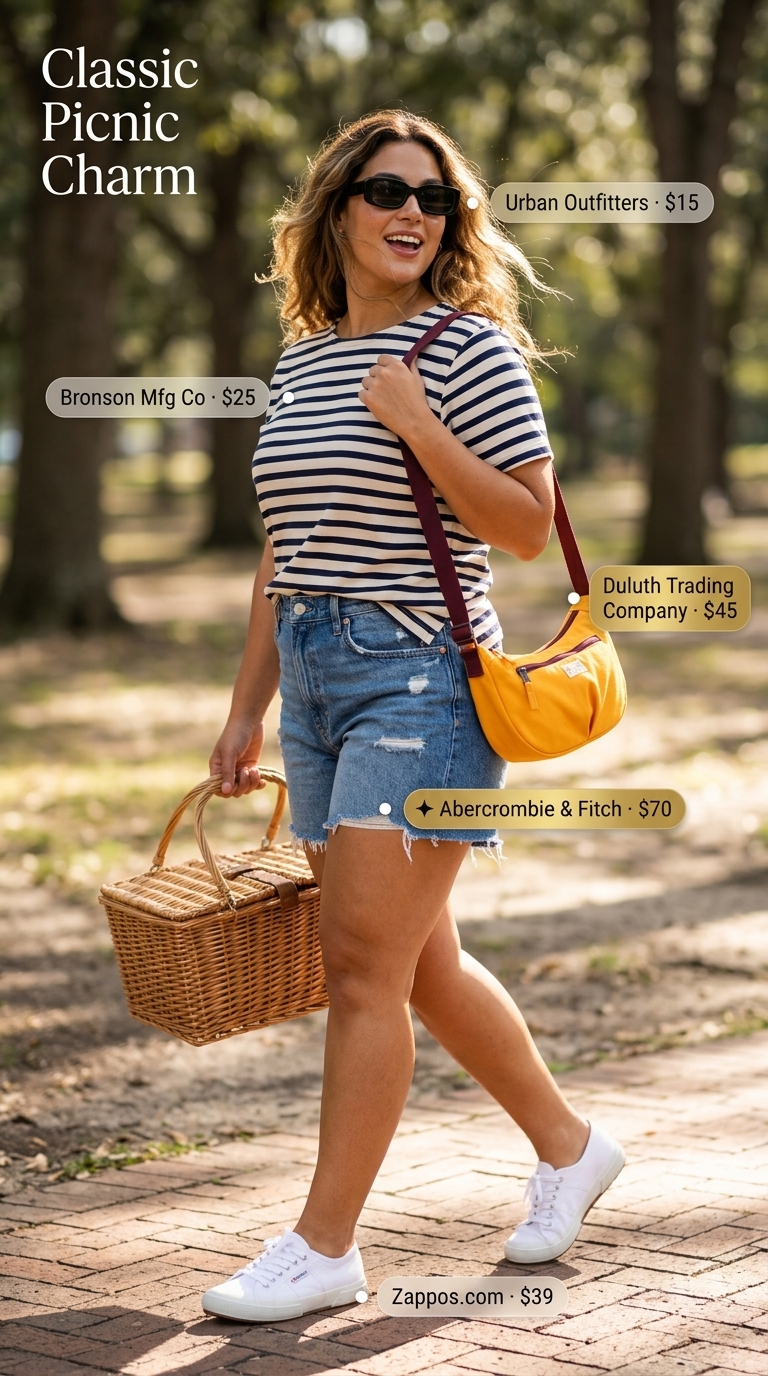 Easy Summer Picnic Outfits for Women 2026: Classic Stripes Classic navy and white stripe tee with denim shorts for easy summer picnic outfits for women 2026.