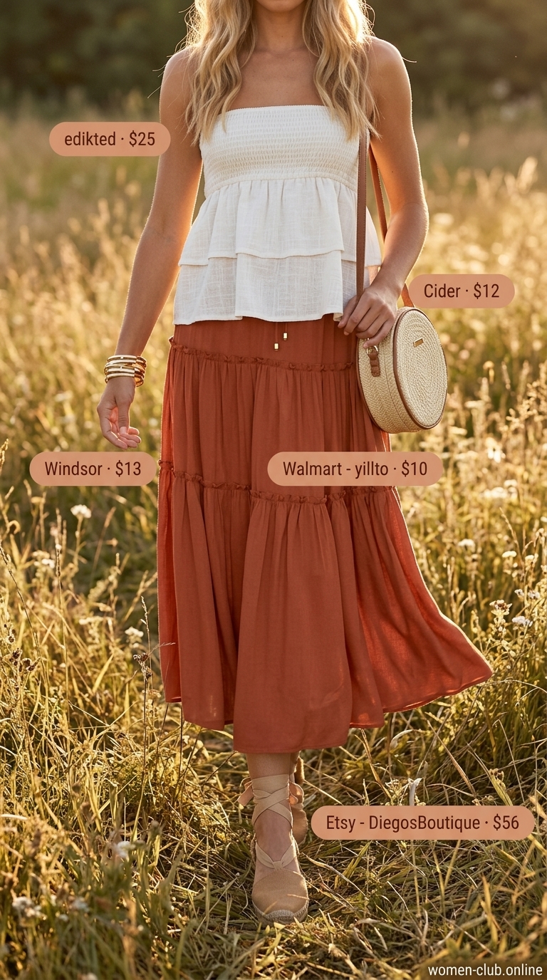 Easy Summer Picnic Outfits for Women 2026 | Boho Skirt Style Easy summer picnic outfits for women 2026: Terracotta tiered skirt, ivory crop top, espadrilles, and straw bag.