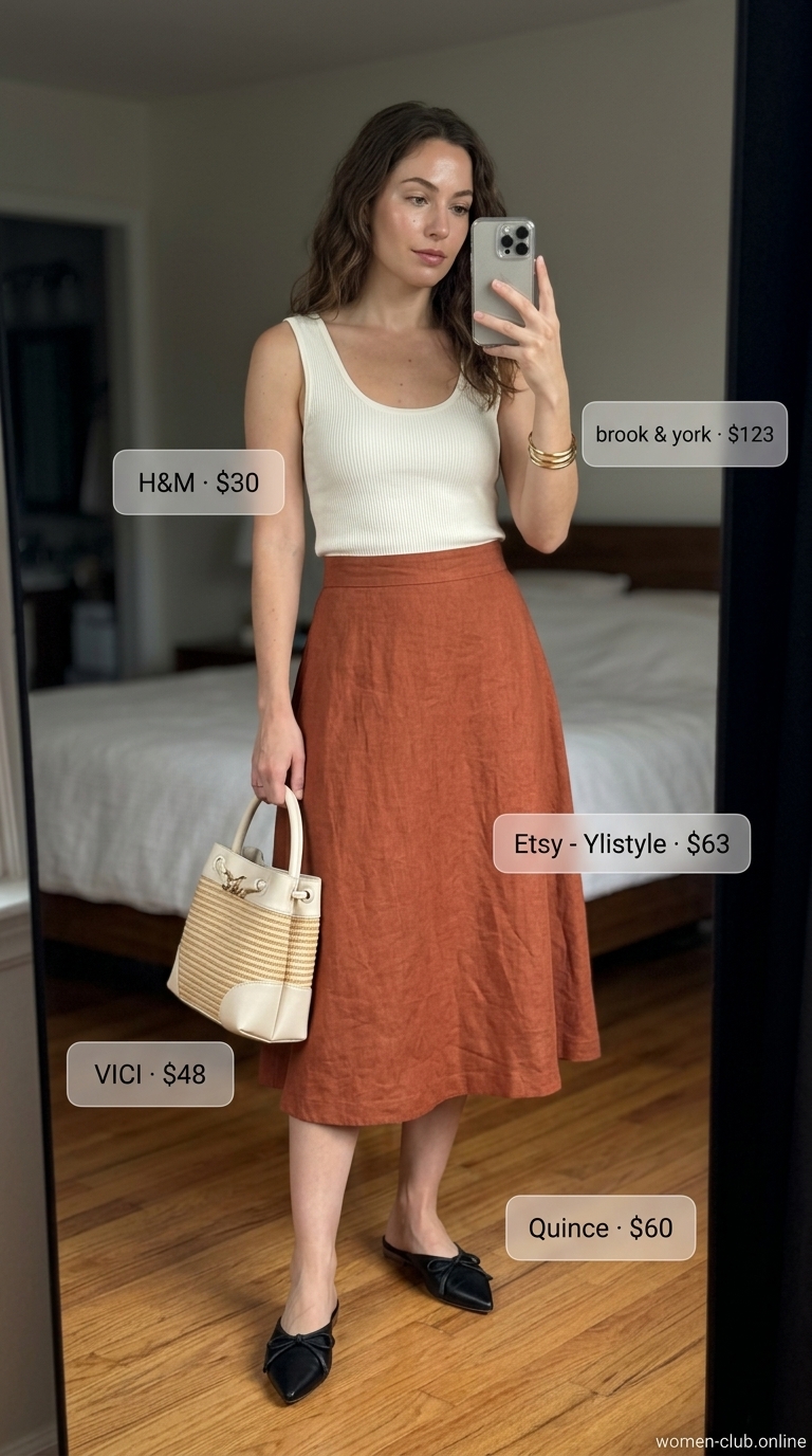 Easy Summer Picnic Outfits for Women 2026: Vineyard Sunset Style Elegant terracotta midi skirt with knit top and leather mules for easy summer picnic outfits for women 2026.
