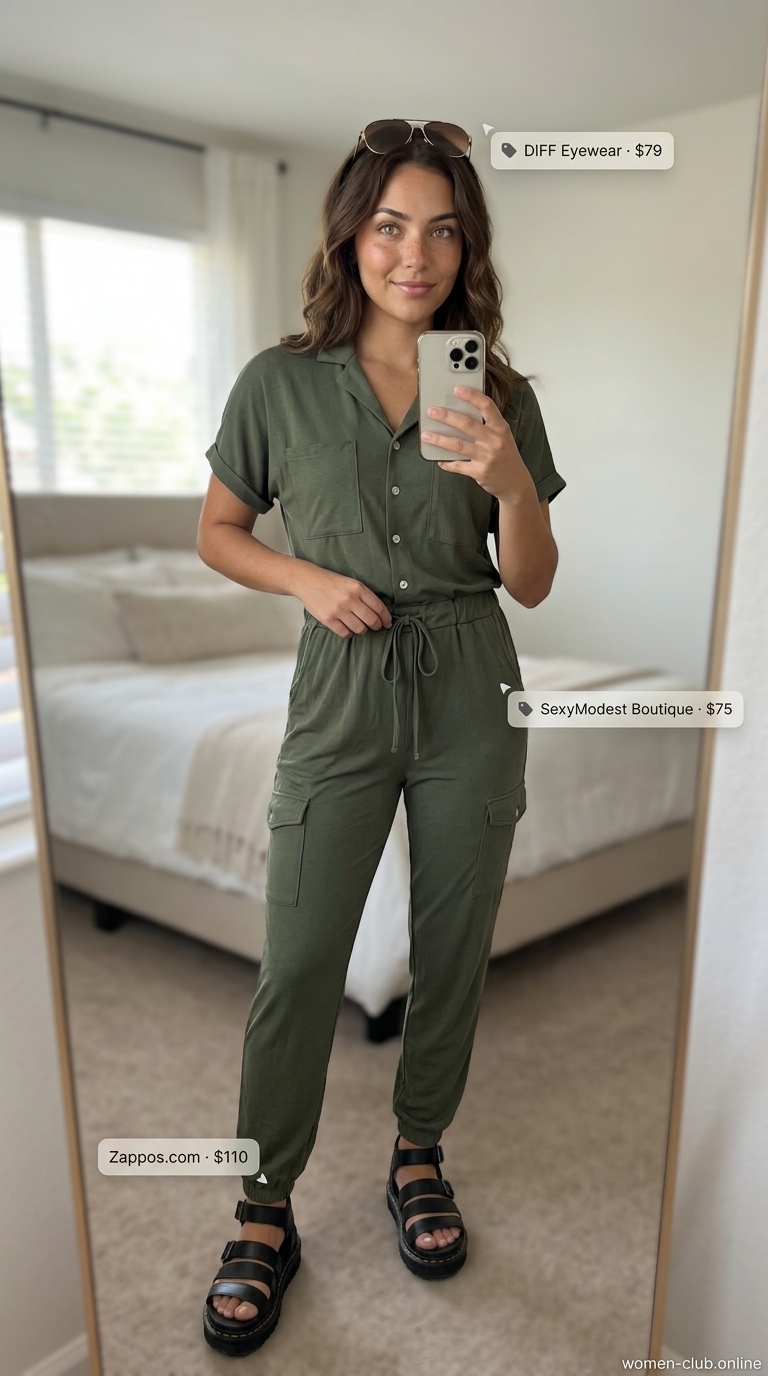 Easy Summer Picnic Outfits for Women 2026: Utility Romper Modern olive green utility romper for easy summer picnic outfits for women 2026. Chic and practical.