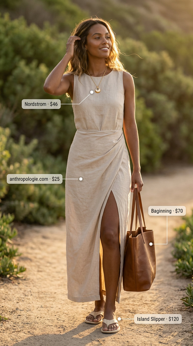 Elegant summer sleeveless dresses 2026: Beige linen maxi dress, leather sandals, slouchy tote for resort wear.