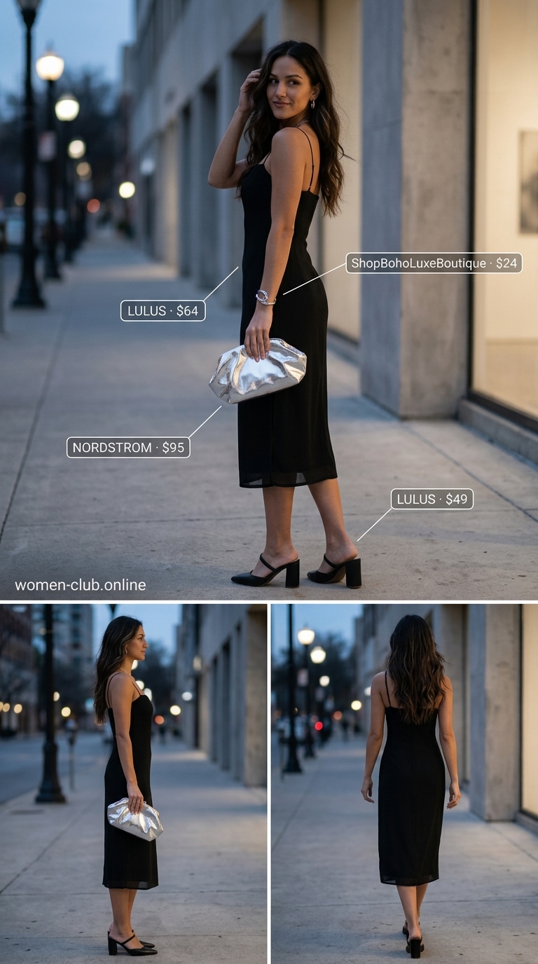 Elegant summer sleeveless dresses 2026: Black midi dress, pointed mules, box clutch for a minimalist evening out.