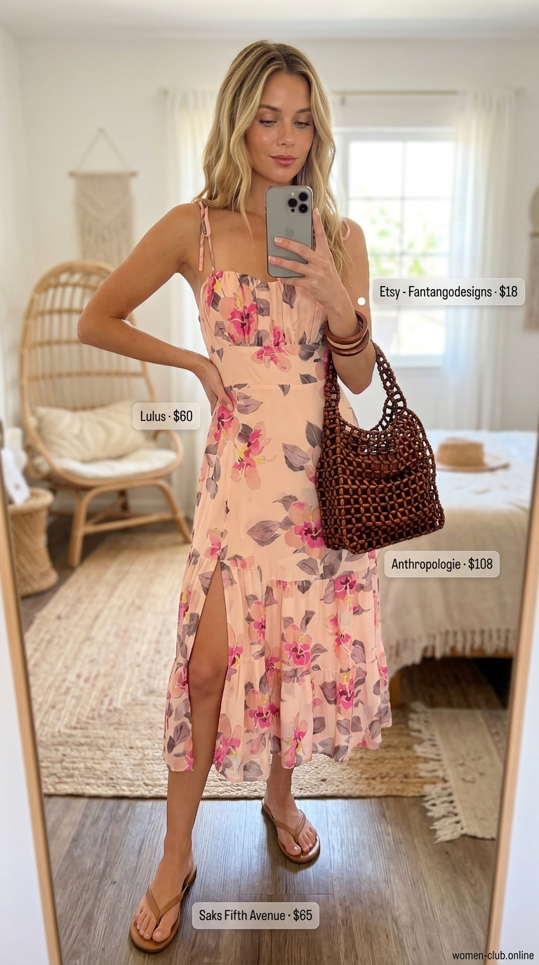 Bohemian muted floral print sleeveless midi dress 2026 for outdoor markets, paired with flat leather sandals, wood bangles, and a suede crossbody bag.