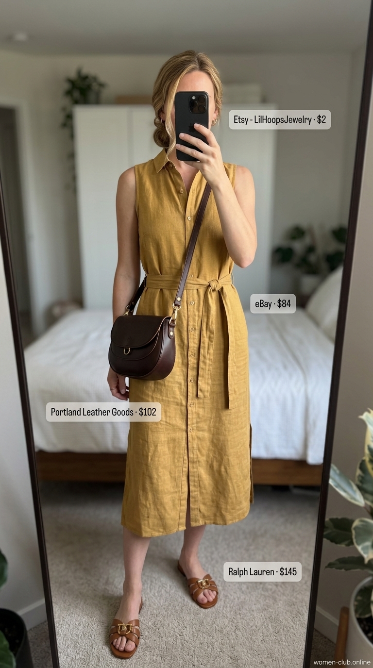 Elegant summer sleeveless dresses 2026: Camel linen shirt dress, brown slides, crossbody bag for effortless travel style.