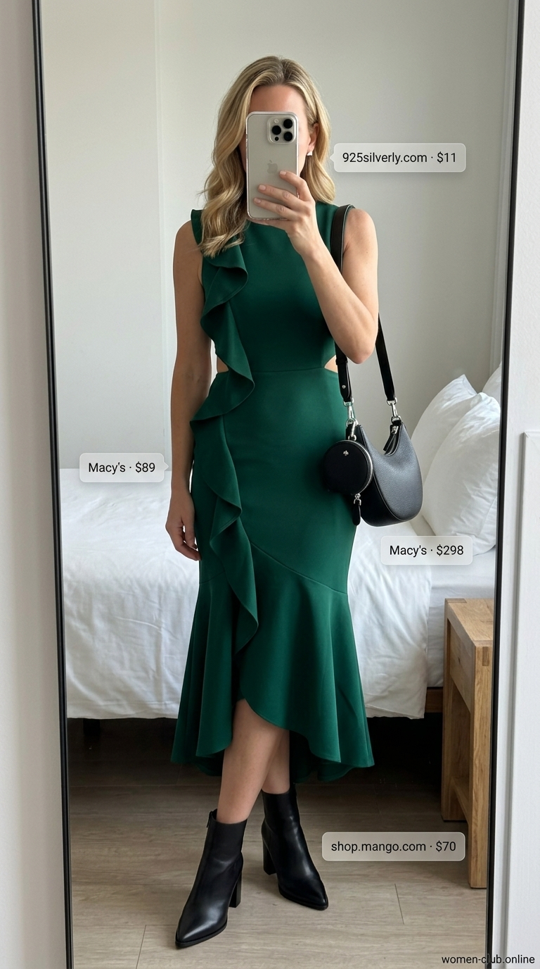 Emerald green sleeveless sheath dress with black ankle boots and crossbody bag. Elegant summer sleeveless dresses 2026.