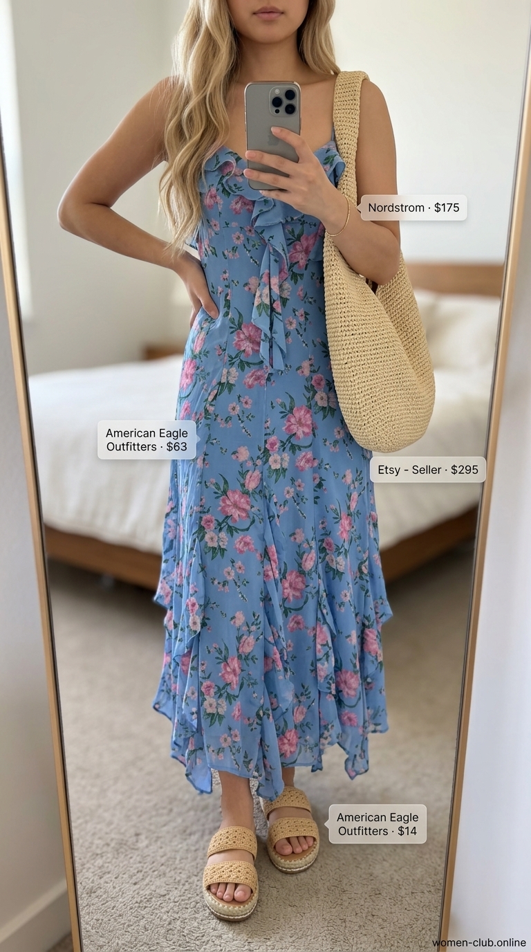 Relaxed sky blue flowing maxi dress 2026 for beach vacations, styled with raffia tote, espadrille slides, and a gold chain bracelet.