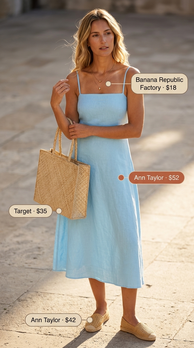 Sky blue linen sleeveless midi dress with straw tote and espadrilles. Elegant summer sleeveless dresses 2026 for beach day.