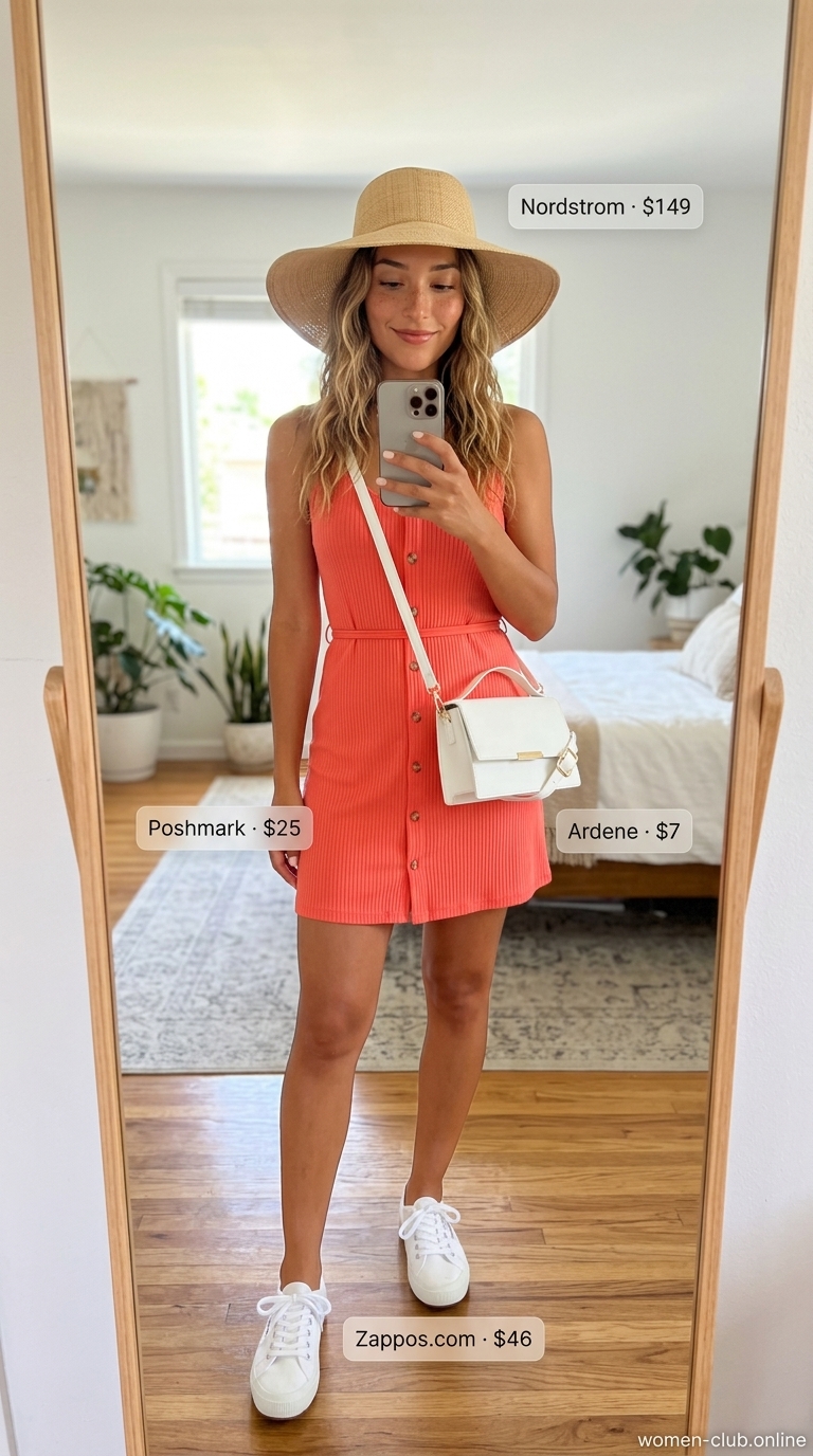 Elegant summer sleeveless dresses 2026: Coral A-line mini sundress, white crossbody bag, sneakers, straw hat for a casual day out.