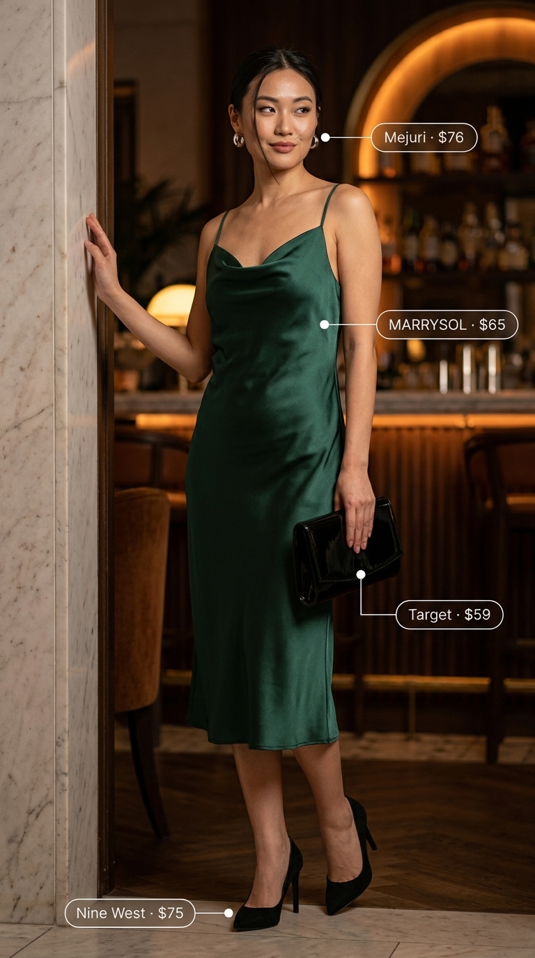 Elegant summer sleeveless dresses 2026: Emerald green satin slip dress, black stilettos, clutch for an evening event.