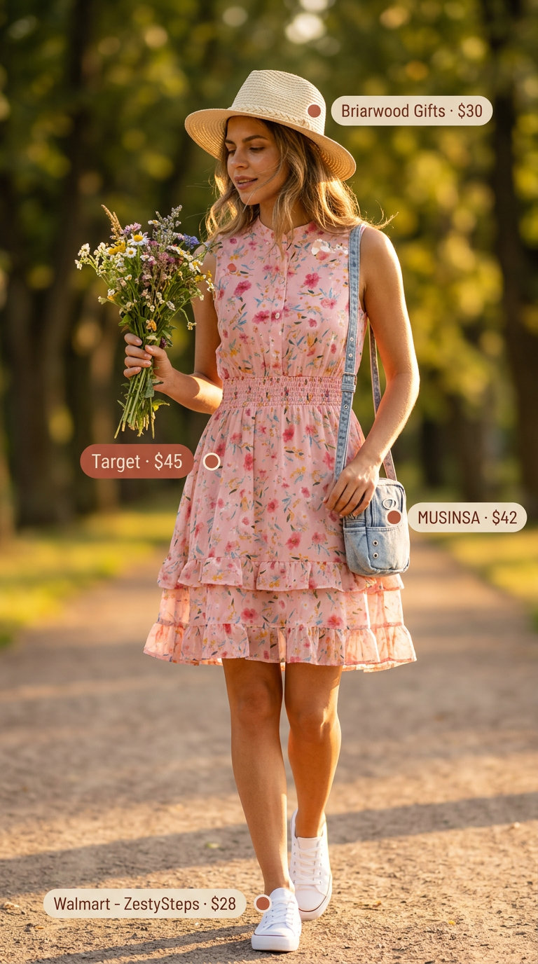 Floral print sleeveless tiered mini dress with white sneakers and denim bag. Elegant summer sleeveless dresses 2026.
