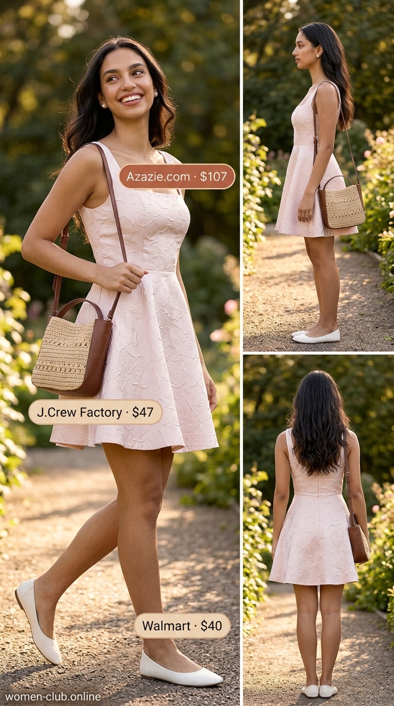 Sweet blush pink sleeveless A-line mini dress 2026 for garden parties, paired with ballet flats, pearl earrings, and a raffia crossbody bag.
