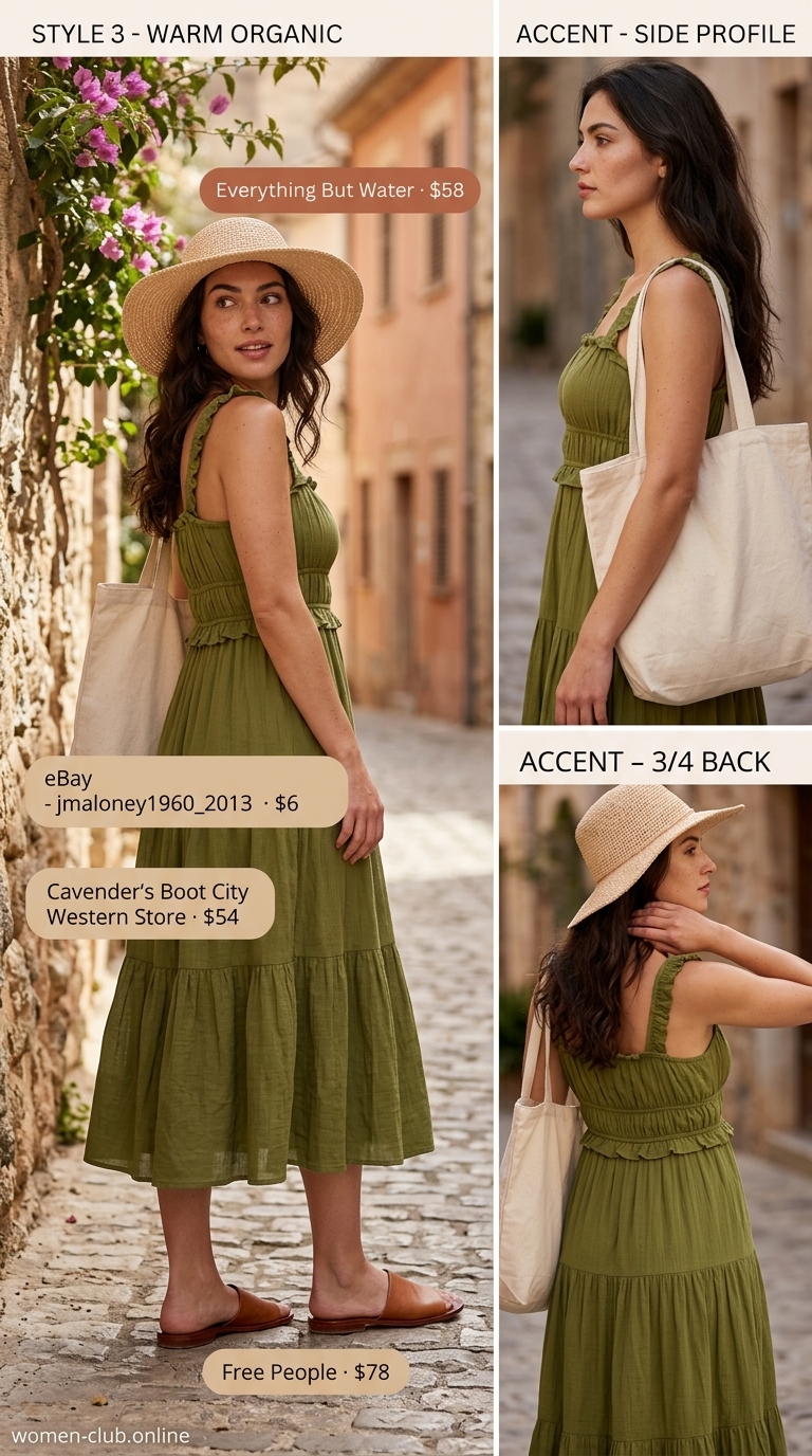 Bohemian olive green sleeveless midi dress 2026 for vacation sightseeing, paired with a straw hat, canvas tote, and leather slide sandals.