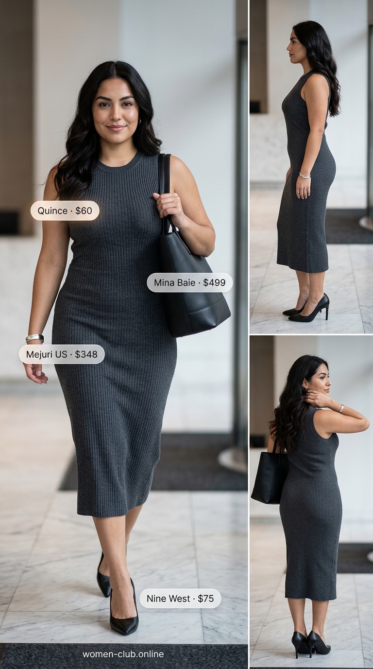 Elegant summer sleeveless dresses 2026: Charcoal grey sheath midi dress, black pumps, structured tote for business casual.
