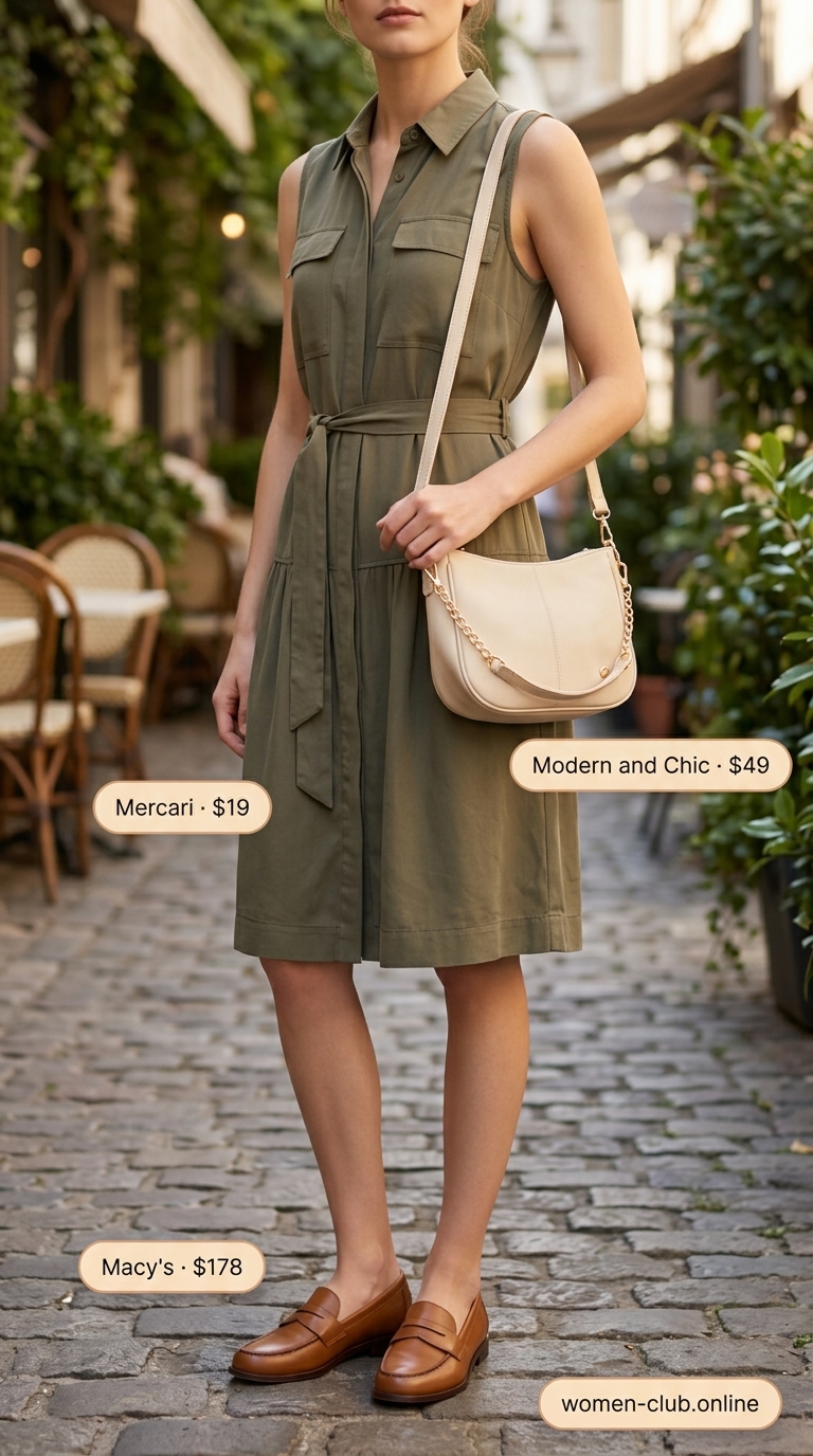 Olive green utility sleeveless dress with loafers and crossbody bag. Elegant summer sleeveless dresses 2026.